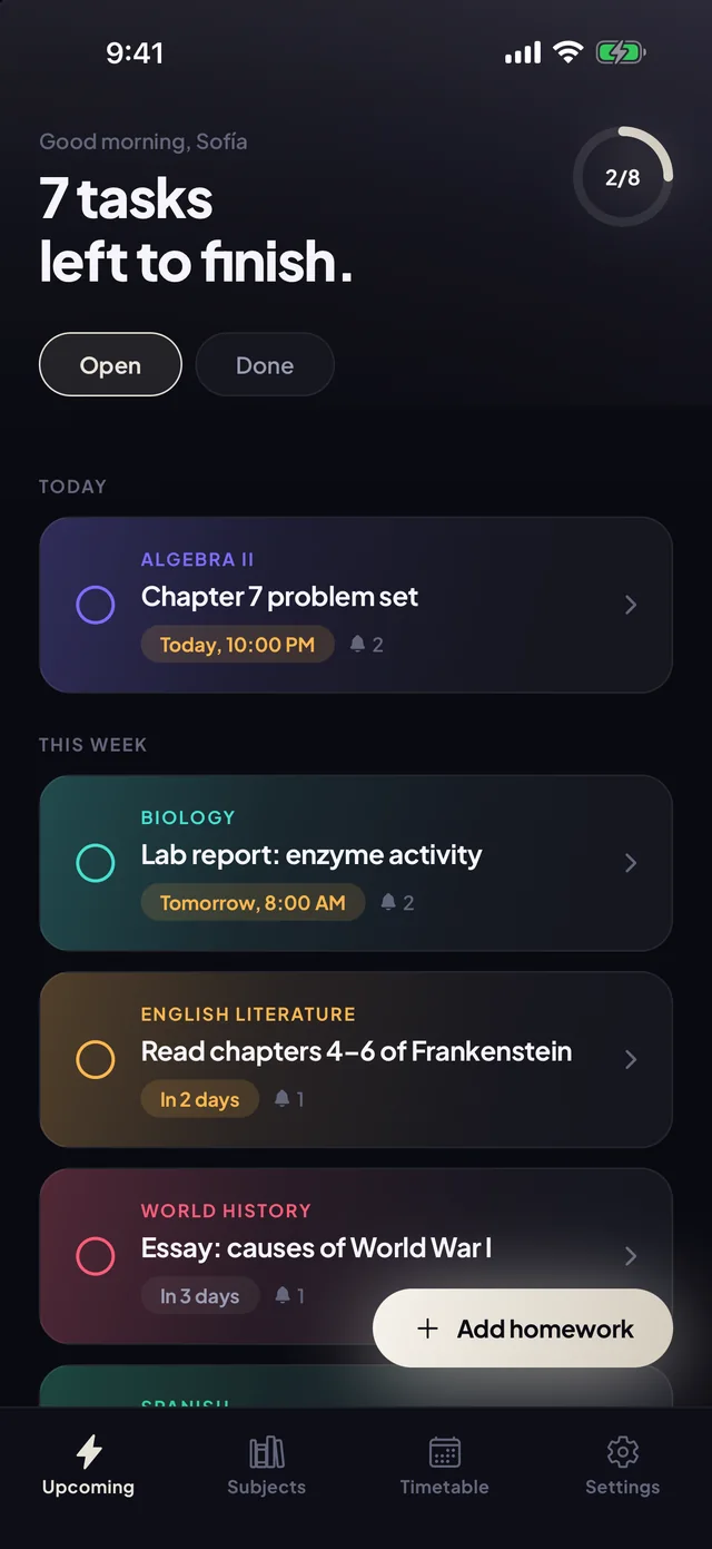 The Upcoming screen: homework grouped under Today and This week, each with its subject colour and due time.